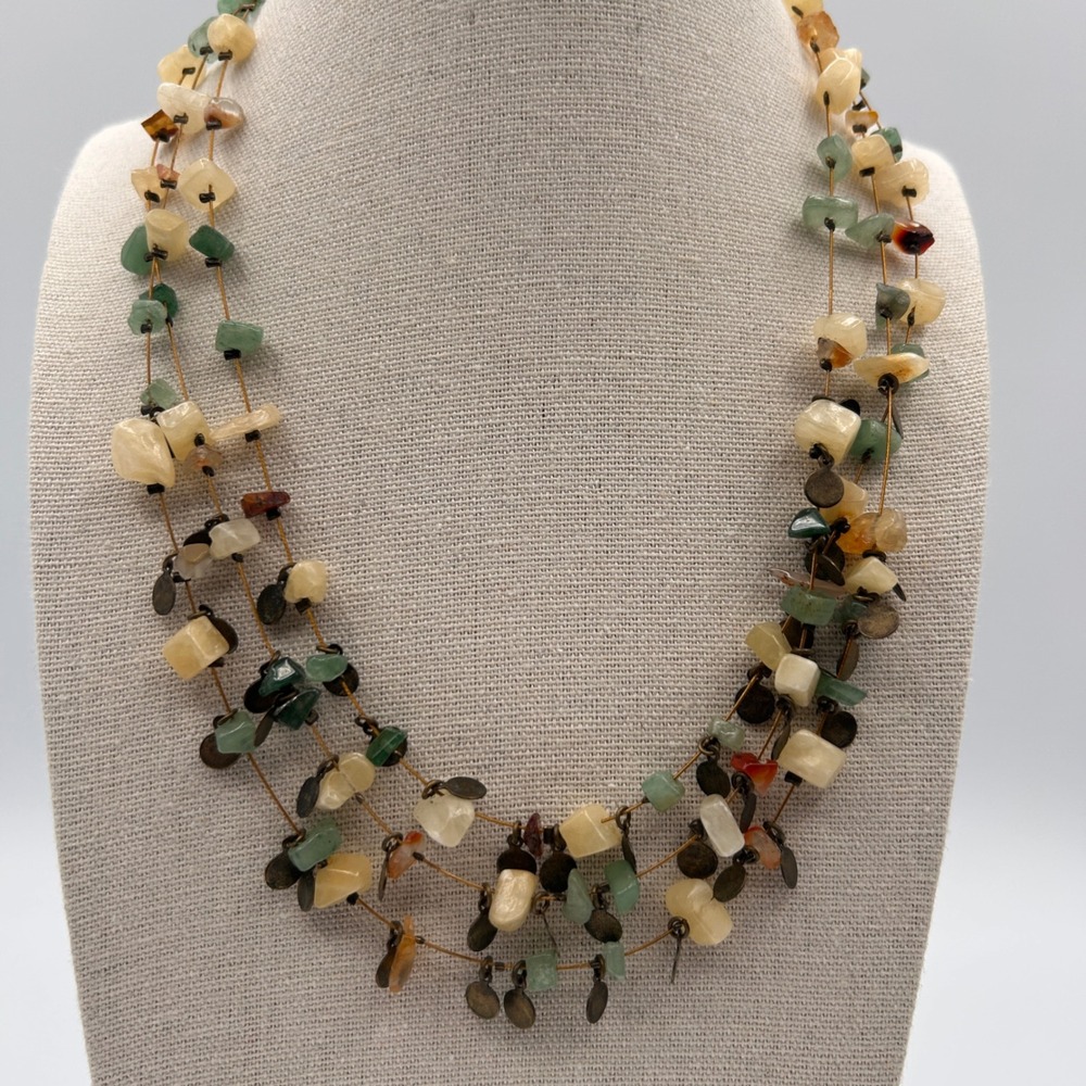 Boho Triple Strand Stone Chip Layered Necklace Bronze Coin Charms Earthy